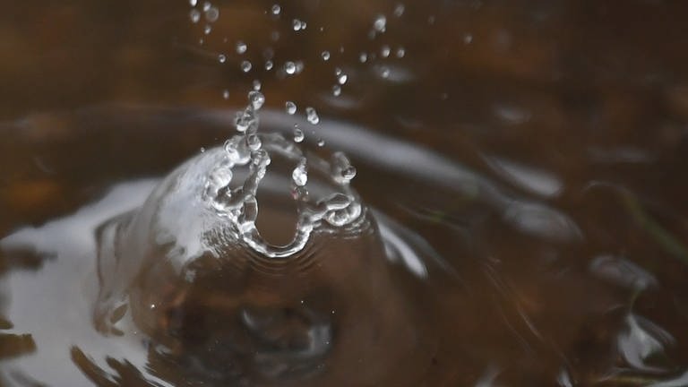 Wasser spritzt bei einem heftigen Regen nach dem Einschlag der Regentropfen in einer Pfütze in die Höhe