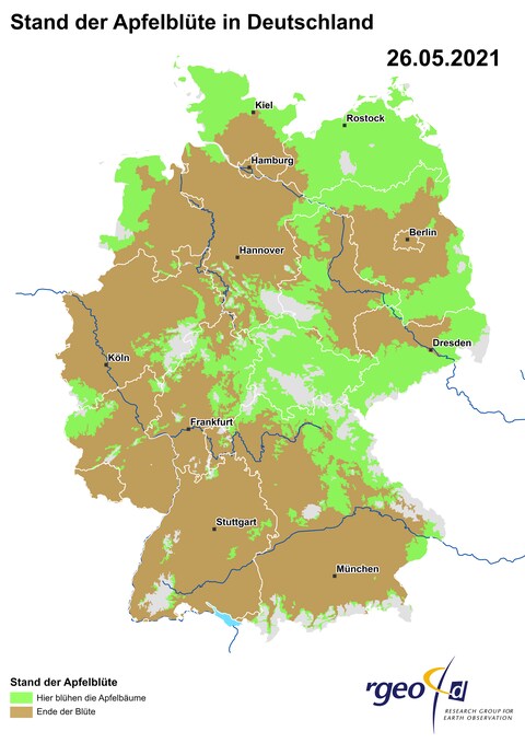 Landkarte der Ausbreitung der Apfelblüte in Deutschland am 26. Mai 2021