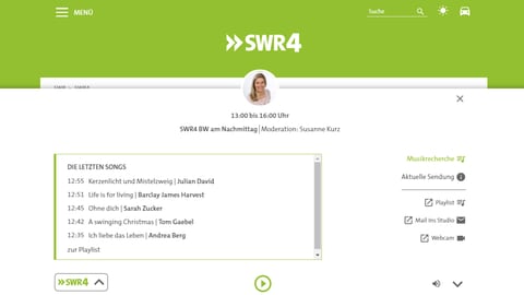Ausgeklappte SWR4 Playerleiste mit Playlist und anderen Funktionen