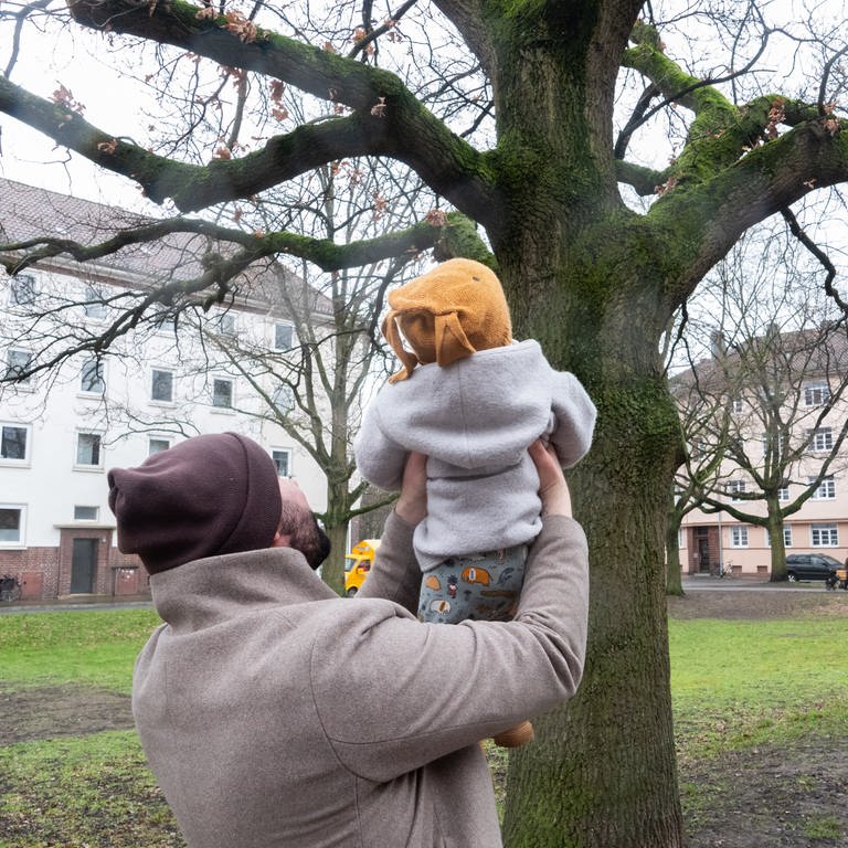 Ein Vater zeigt seinem Kind einen Baum. 