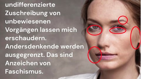 Die AfD wirbt mit KI generierten Gesichtern. Die Stellen, anhand derer man das erkennen kann, wurden hier farblich markiert.