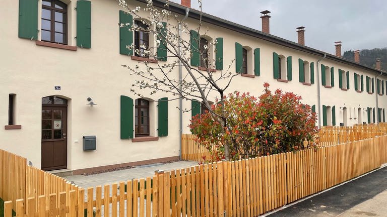 Blick in die frühlingshaften Vorgärten der frisch renovierten Knopfhäusle-Siedlung in Freiburg