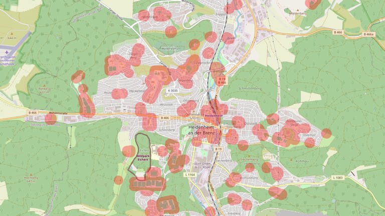 Eine Karte von Heidenheim, auf der mit roten Kreisen eingezeichnet ist an welchen Orten man Cannabis nicht konsumieren darf.