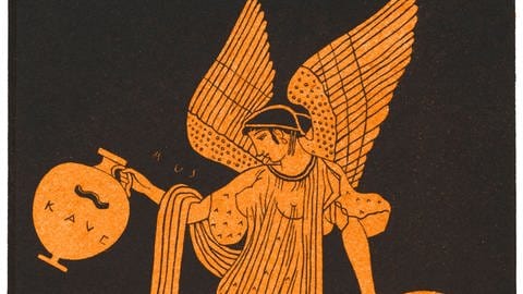 Rotfigure Vasenmalerei mit Darstellung der geflügeltenn Göttin Eos. In den Händen trägt sie zwei Amphoren.
