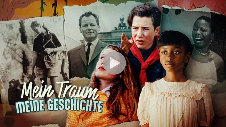 Keyvisual "Mein Traum, meine Geschichte" mit Jane Goodall, Willy Brandt und Nina Simone sowie drei Jugendlichen.