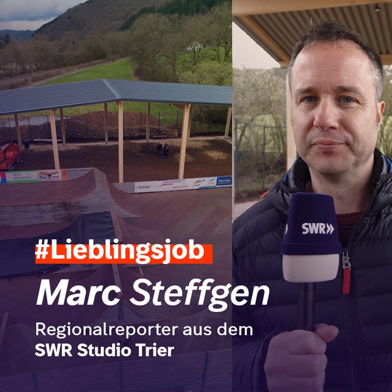 #Lieblingsjob, Foto von Marc Steffgen mit Mikro, Regionalreporter aus dem Studio Trier 