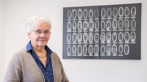 Christiane Nüsslein-Volhardt neben einem Bild, auf der die genetische Steuerung der Embryonalentwicklung bei Taufliegen abgebildet ist.