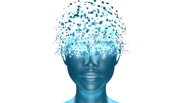 Das Bild stellt eine Person dar, deren Gehirn sich in Pixel auflöst. Symbolbild.