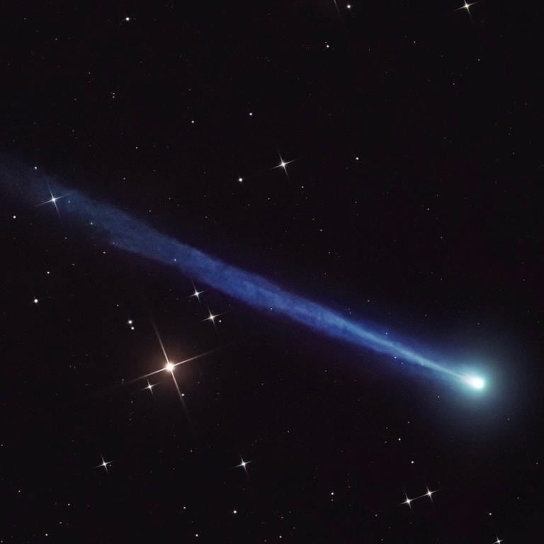 Komet Nishimura mit bläulichem Schweif am Morgenhimmel (Foto: Dr. Sebastian Voltmer)