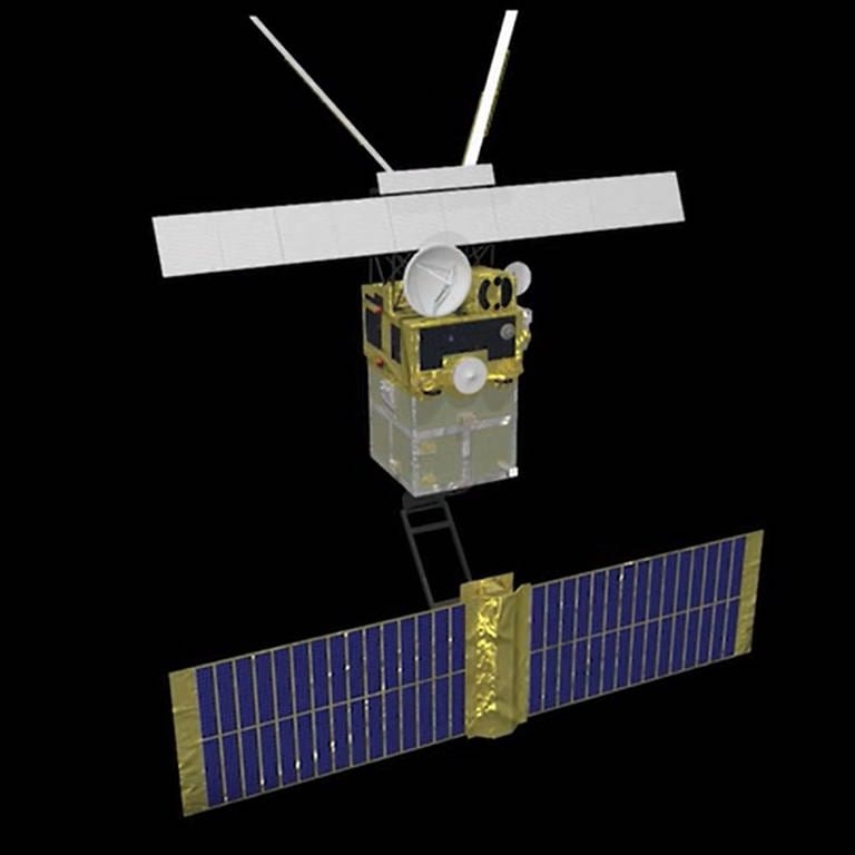 Grafische Darstellung des ERS-2 Satelliten. Satellit ERS-2 verglüht im Lauf des Nachmittags in der Atmosphäre.