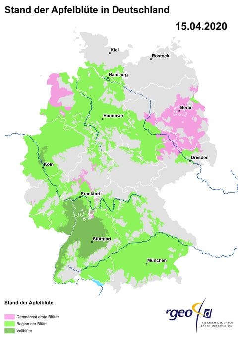 Landkarte der Ausbreitung der Apfelblüte in Deutschland am 15. April 2020