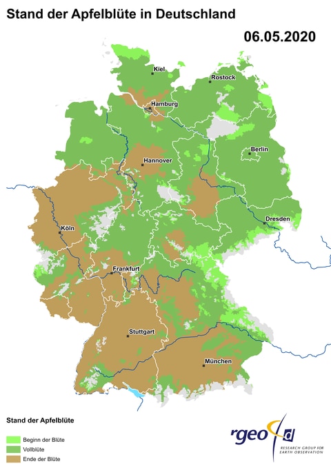 Landkarte der Ausbreitung der Apfelblüte in Deutschland am 6. Mai 2020