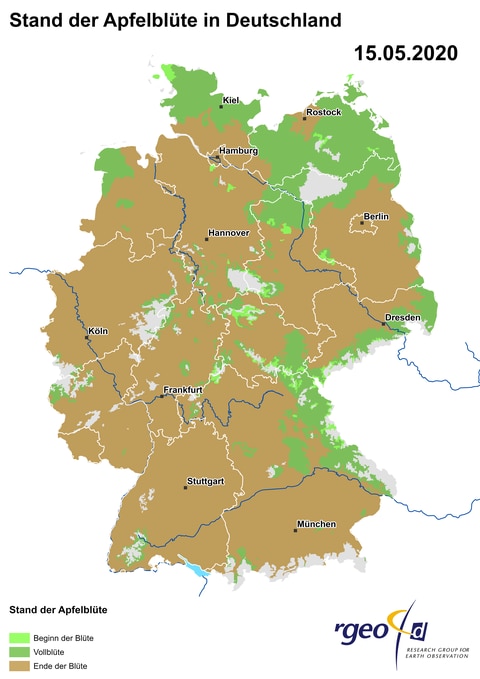 Landkarte der Ausbreitung der Apfelblüte in Deutschland am 15. Mai 2020
