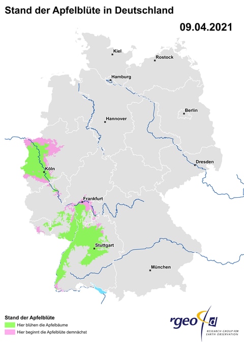 Ausbreitung der Apfelblüte in Deutschland am 9. April 2021