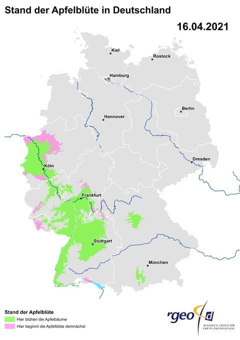 Ausbreitung der Apfelblüte in Deutschland am 16. April 2021