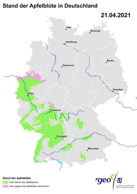 Landkarte der Ausbreitung der Apfelblüte in Deutschland am 21. April 2021