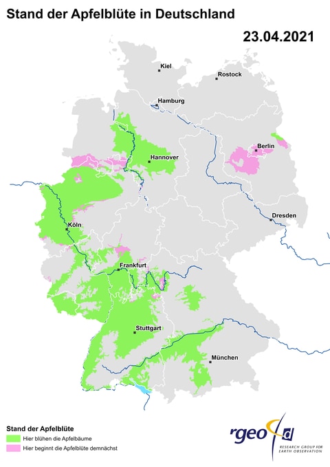 Landkarte der Ausbreitung der Apfelblüte in Deutschland am 23. April 2021