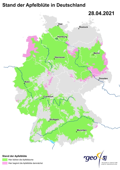 Landkarte der Ausbreitung der Apfelblüte in Deutschland am 28. April 2021