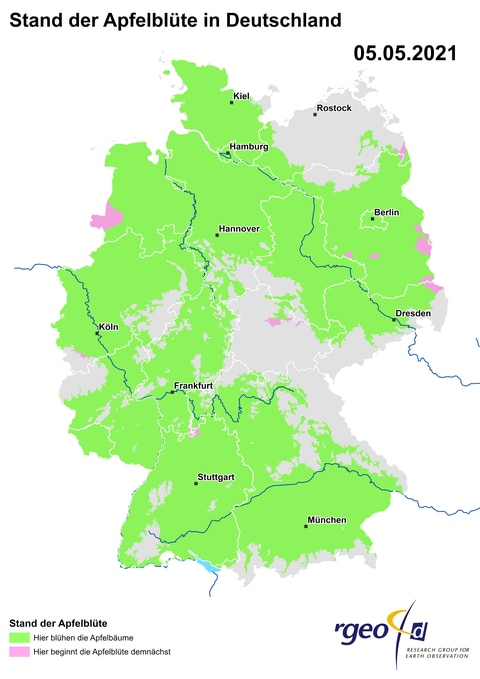 Landkarte der Ausbreitung der Apfelblüte in Deutschland am 6. Mai 2021