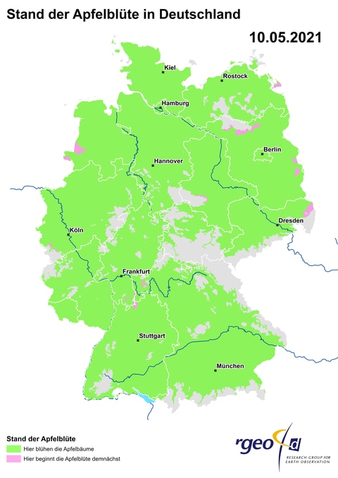Landkarte der Ausbreitung der Apfelblüte in Deutschland am 10. Mai 2021