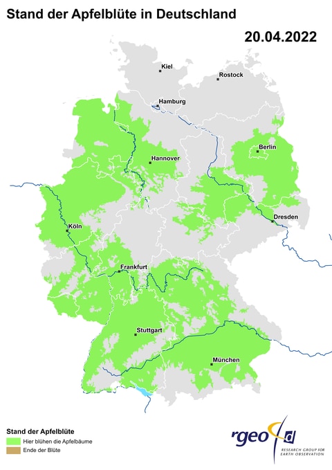 Landkarte der Ausbreitung der Apfelblüte in Deutschland am 20. April 2022
