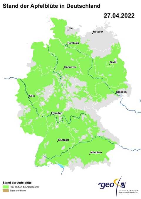 Landkarte der Ausbreitung der Apfelblüte in Deutschland am 27. April 2022