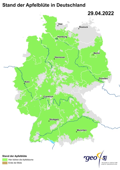 Landkarte der Ausbreitung der Apfelblüte in Deutschland am 29. April 2022