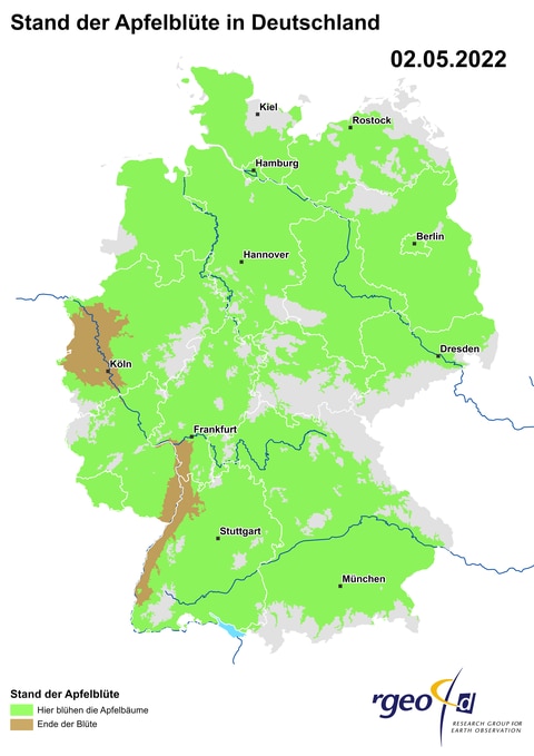 Die Landkarte der berechneten Ausbreitung der Apfelblüte in Deutschland am 2. Mai 2022.