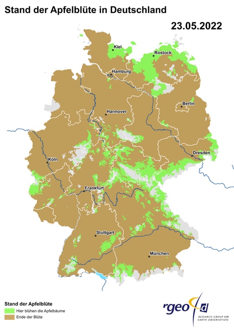 Landkarte der berechneten Ausbreitung der Apfelblüte in Deutschland am 23. Mai 2022.