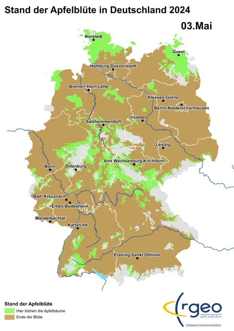 Ausbreitung der Apfelblüte in Deutschland am 3. Mai 2024
